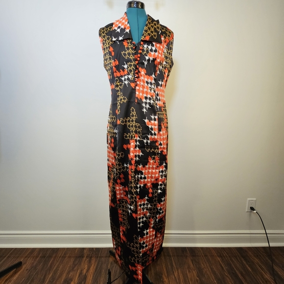 Black and red pattern retro satin taffeta like front slit lined maxi dress M - Picture 2 of 5